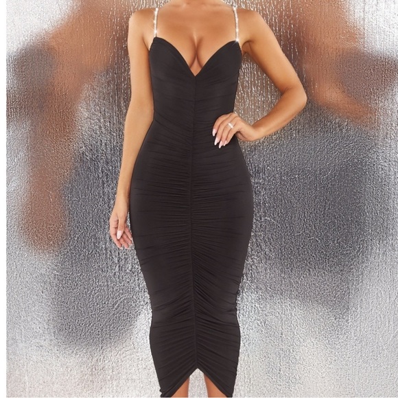Oh Polly Dresses Oh Polly Ruched Rhinestone Strap Midi Bodycon